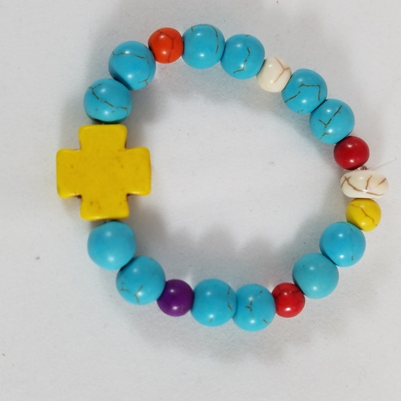 Hand Crafted Kids' Howlite Cross Bracelet Turquoise/Purple/White/Red/ etc - Picture 3 of 3